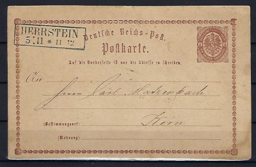 DR Ganzsache P 1 mit Ra2 Herrstein, befördert nach Kirn