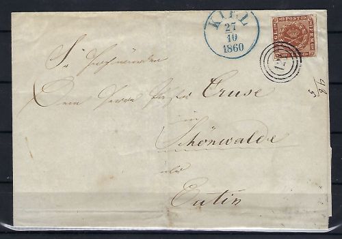 Dänemark Mi 4 EF mit Kiel Nummerst. 121 + blauem K1 n. Eutin