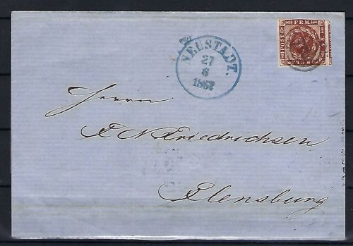 Dänemark Mi 4 EF mit Neustadt Nummerst. 125 + blauem K1 n. Flensburg