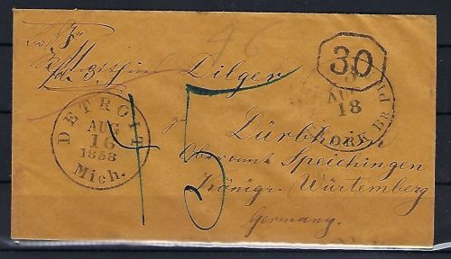 USA Nachgebührbrief von Detroit ü. Aachen (roter K2) n. Speichingen