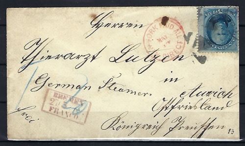 USA Mi 15 EF mit rotem K1 New York Paid und Ra3 Bremen Franco....