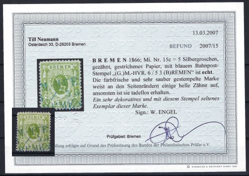 P) Bremen Mi 15 c ° mit blauem Bahnpoststempel, Befund Neumann BPP