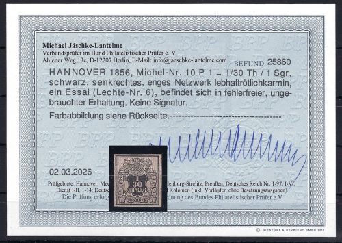 P) Hannover Mi 10 P1 / Lechte-Nr. 6 * mit Gummi, Befund Jäschke-L. BPP
