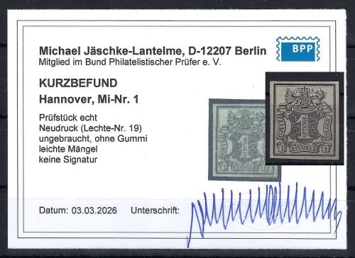 P) Hannover Mi 1 ND / Lechte-Nr. 19 (*) ohne Gummi, KB Jäschke-L. BPP