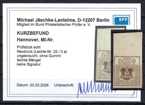 P) Hannover ND Lechte-Nr. 25-3a(*) OR, ohne Gummi, KB Jäschke-L. BPP