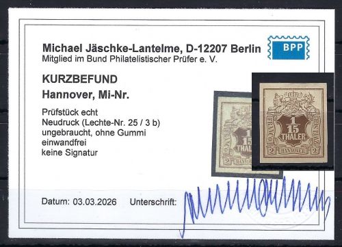 P) Hannover ND Lechte-Nr. 25-3 b (*) ohne Gummi, KB Jäschke-L. BPP