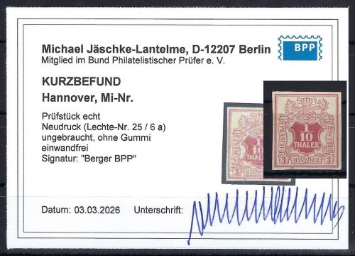 P) Hannover ND Lechte-Nr. 25-6 a (*) ohne Gummi, KB Jäschke-L. BPP