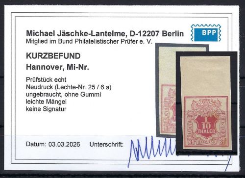 P) Hannover ND Lechte-Nr. 25-6 a (*) OR, ohne Gummi, KB Jäschke-L. BPP