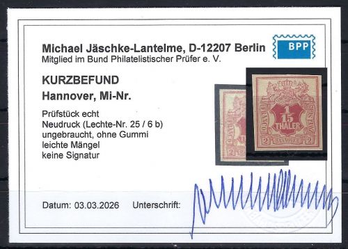 P) Hannover ND Lechte-Nr. 25-6 b (*) ohne Gummi, KB Jäschke-L. BPP