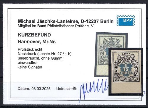 P) Hannover ND Lechte-Nr. 27-1 b (*), ohne Gummi, KB Jäschke-L. BPP