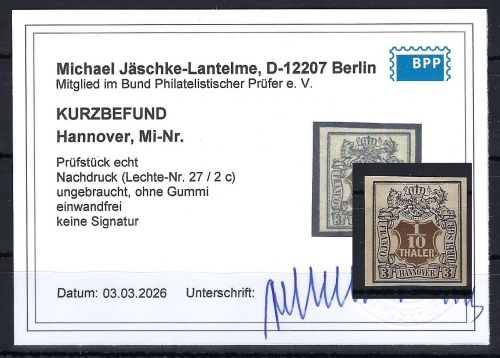 P) Hannover ND Lechte-Nr. 27-2 c (*) ohne Gummi, KB Jäschke-L. BPP