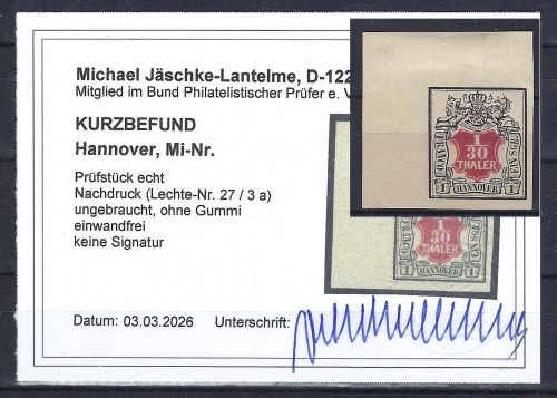 P) Hannover ND Lechte-Nr. 27-3 a (*), o. Gummi, KB Jäschke-L. BPP