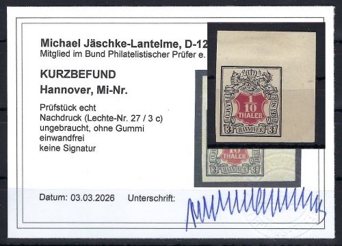 P) Hannover ND Lechte-Nr. 27-3 c (*), ohne Gummi, KB Jäschke-L. BPP