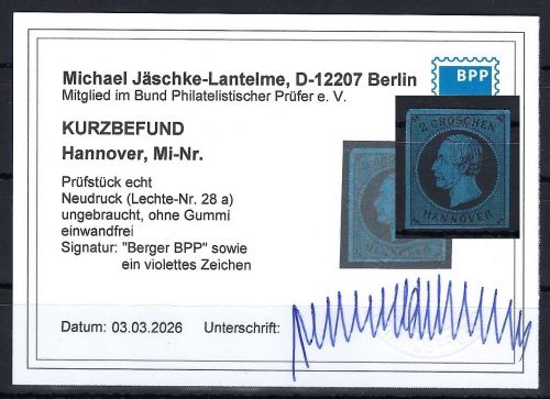 P) Hannover ND Lechte-Nr. 28 a (*) ohne Gummi, KB Jäschke-L. BPP