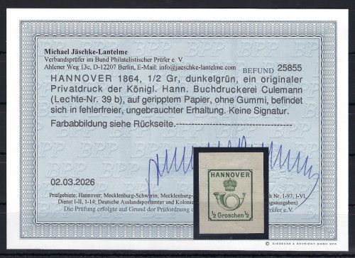 P) Hannover Privatdruck Lechte 39 b, Druckerei Culemann, Befund BPP