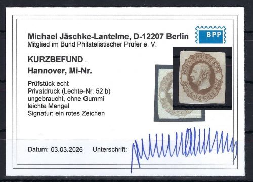 P) Hannover Privatdruck Lechte-Nr. 52b (*) o. Gummi, KB Jäschke-L. BPP