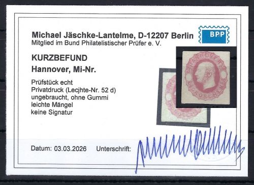 P) Hannover Privatdruck Lechte-Nr. 52d (*) o. Gummi, KB Jäschke-L. BPP