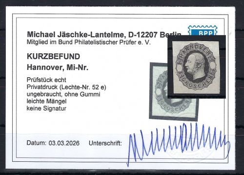 P) Hannover Privatdruck Lechte-Nr. 52e (*) o. Gummi, KB Jäschke-L. BPP