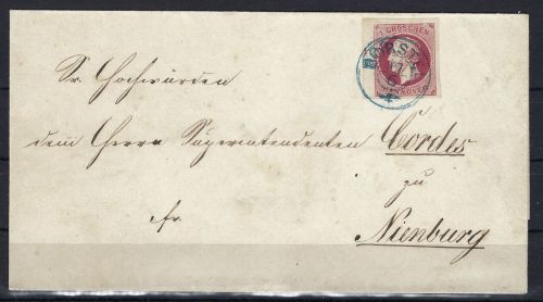 P) Hannover Mi 14 Ecke OL mit RZ 1 mit blauem K1 Borstel nach Neinburg