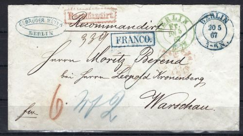 P) Preußen Einschreibebrief mit K2 Berlin blau + grün n. Warschau