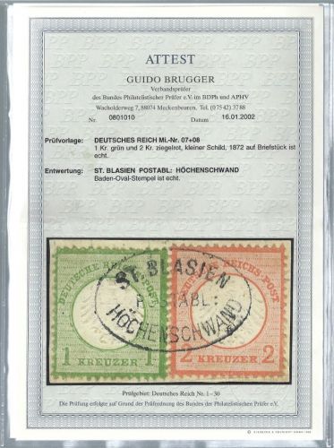 P) DR Mi 7+8 auf ∆ mit idealem Baden Post-Ablagestempel. St. Blasien