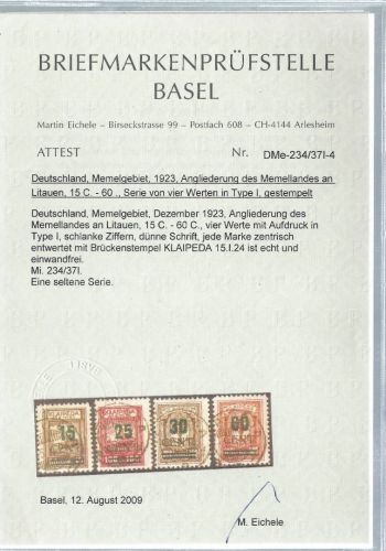 C) Memel Mi 234 - 237 I °einwandfrei, , FA Basel Prüfstelle, ME 7.000€