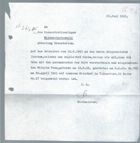 Briefinhalt an das KZ-Lager Buchenwald, Abteilung Krematorium