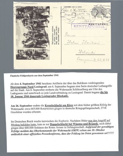 Finnische Feldpostkarte vom 26.9.41, Ende des Kesselschlacht um Kiew