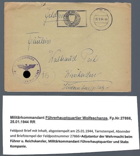 Feldpost 2. WK FP 27866 aus dem Führerhauptquartier Wolfsschanze, RRR