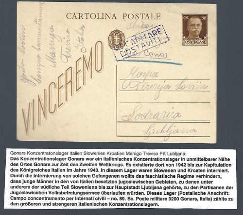 Italien Feldpost aus dem KZ-Lager Gonars, für Slowenen und Kroaten