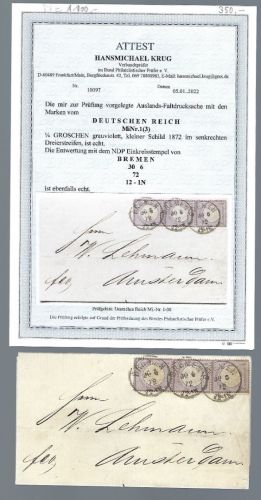 DR Mi 1 sebk. 3er-Str. MeF Bremen n. Amsterdam, mit FA Krug BPP