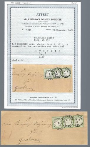 DR Mi 2b 3er-Streifen, MeF mit K2 Loetzenn-Gumbinnen (Rußland) FA BPP