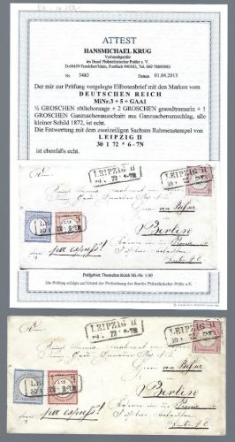 DR Mi 3+5 MiF mit Ra2 Leipzig (Sachsen Nachverwendung) FA Krug BPP