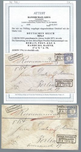 DR Mi 5 EF mit Ra3 Berlin Post Ecxp. 5 (Preußen) mit FA Krug BPP