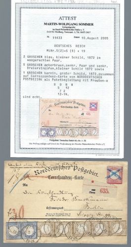 NDP Korrespondenzkarte mit DR 5 (Paar) + 6 (5) einmal 3er-Str. + 19