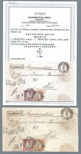 DR Mi 18, 19 MiF-Einschreiben mit K2 Stadtpost Dresden, FA Krug BPP