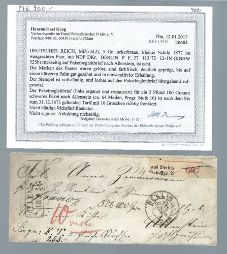 DR Mi 6 Paar MeF/Paketbegleitbrief Berlin-Allenstein Befund Krug BPP