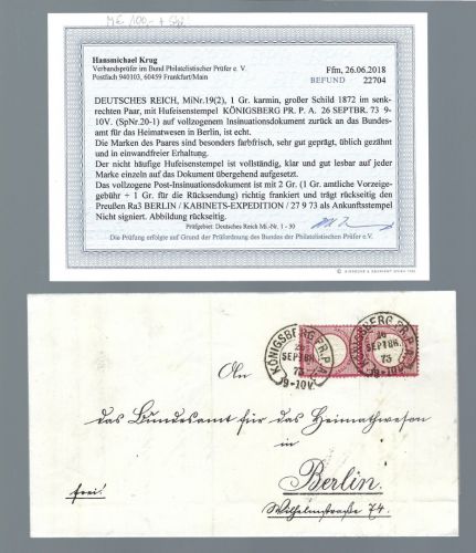 DR Mi 19 (2) mit Hufeisenst. Königsberg Preussen n. Berlin, Befund BPP