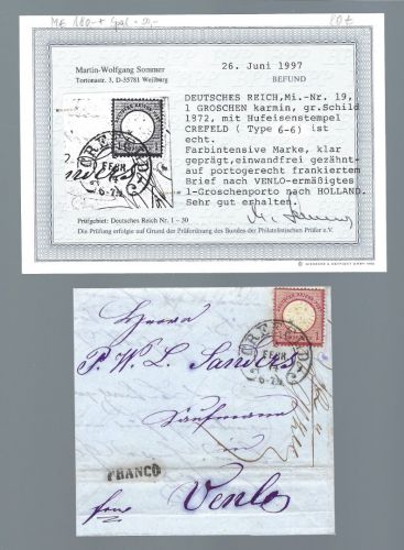 DR Mi 19 EF Ausland, Hufeisenst. Crefeld n. Venlo, Befund Sommer BPP