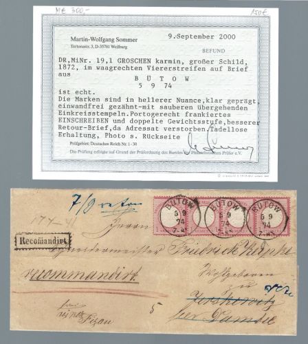 DR Mi 19 4er-Str., MeF Einschreiben/Retour, Befund Sommer BPP