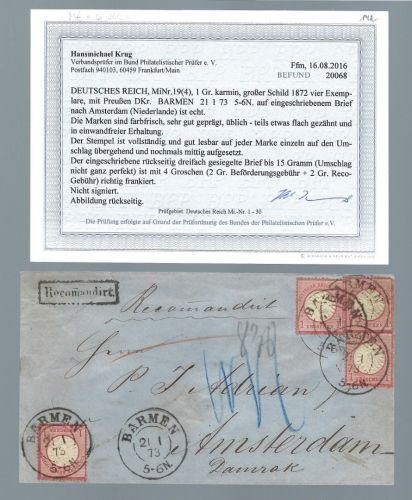 DR Mi 19 (4) MeF/Einschreiben mit K2 Barmen (Preußen), Befund Krug BPP