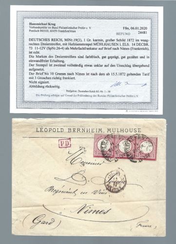 DR Mi 19 3er-Streifen MeF. Frankreich, Befund Krug BPP