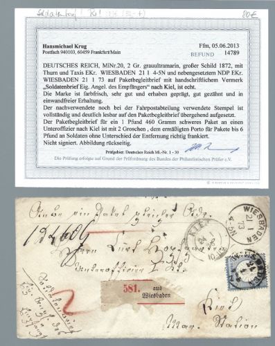 DR Mi 20 EF/Paketbegleitbrief mit K1 Wiesbaden (NDP), Befund Krug BPP