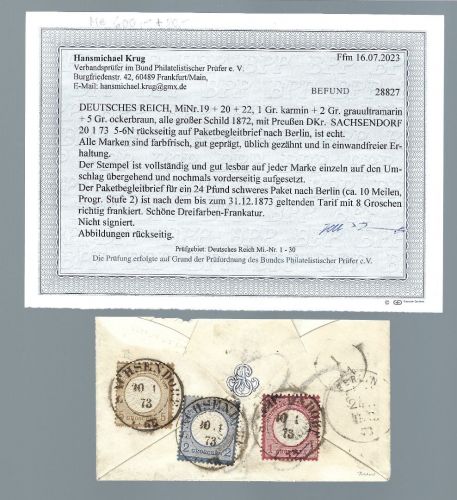 DR Dreifarbenfrankatur Mi 19,20,22 Paketbegleitbrief, Befund Krug BPP