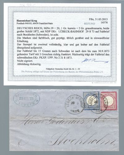 DR Mi 19, 20 Auslandsbrief MiF nach Schweden, Befund Krug BPP