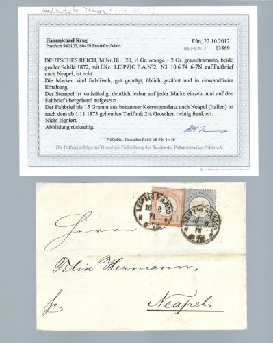 DR Mi 18, 20 Auslandsbrief Leipzig n. Neapel, Befund Krug BPP