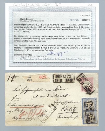 DR U05AII+Mi 20 Paar, Paketbegleitbrief Doelitz n. Görlitz, Befund BPP