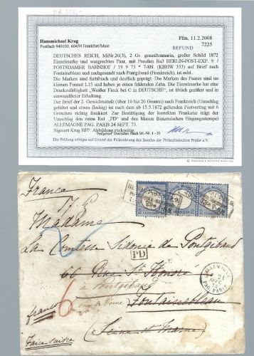 DR Mi 20 (3) einmal im Paar, Auslandsbrief nach Frankreich, Befund BPP