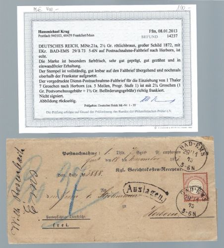 DR Mi 21a EF Dienst-Nachnahmebrief aus Bad Ems, Befund Krug BPP