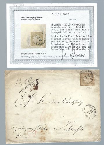 DR Mi 22 mit K1 Taxis-Stempel Gotha n. Lichtenfeld, Befund Sommer BPP